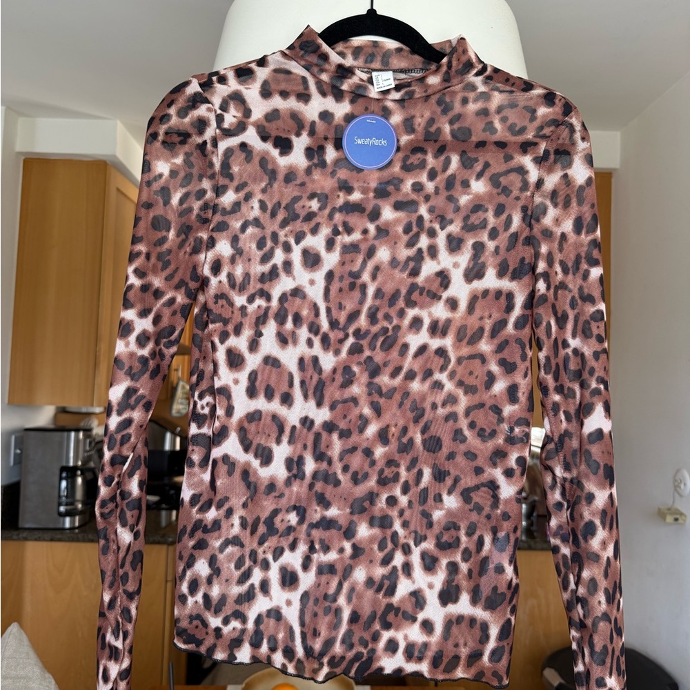 Leopard Print Mesh Long Sleeve Top